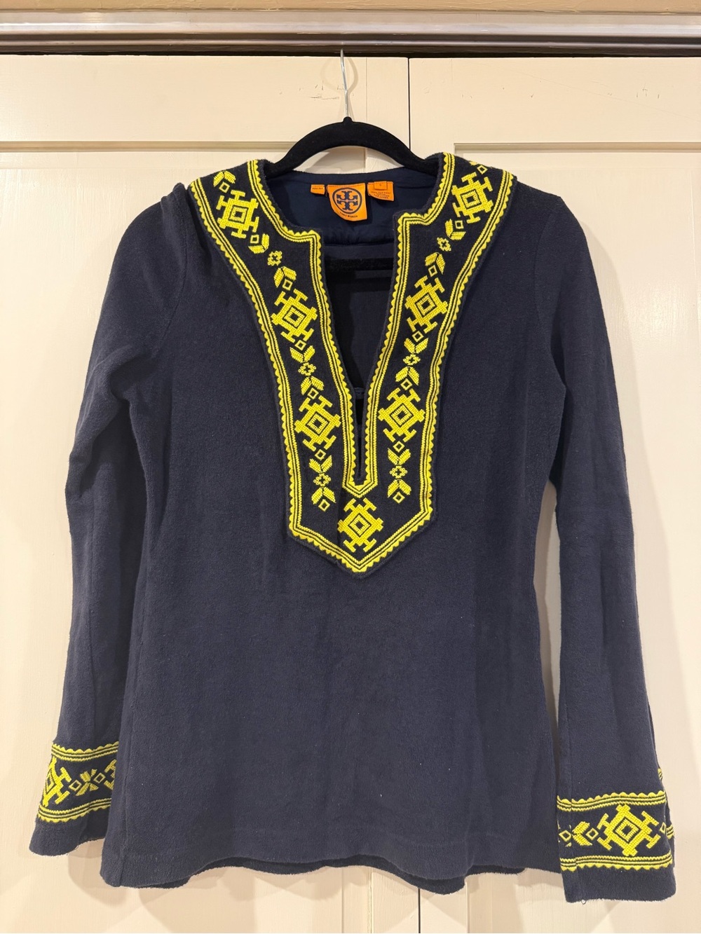 Tory Burch Navy V-Neck Sweater with Yellow Embroidered Trim